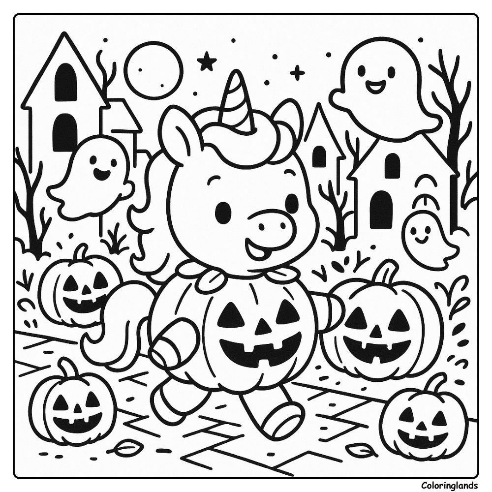 Adorable licorne en costume de citrouille avec des fantômes et des lanternes citrouilles