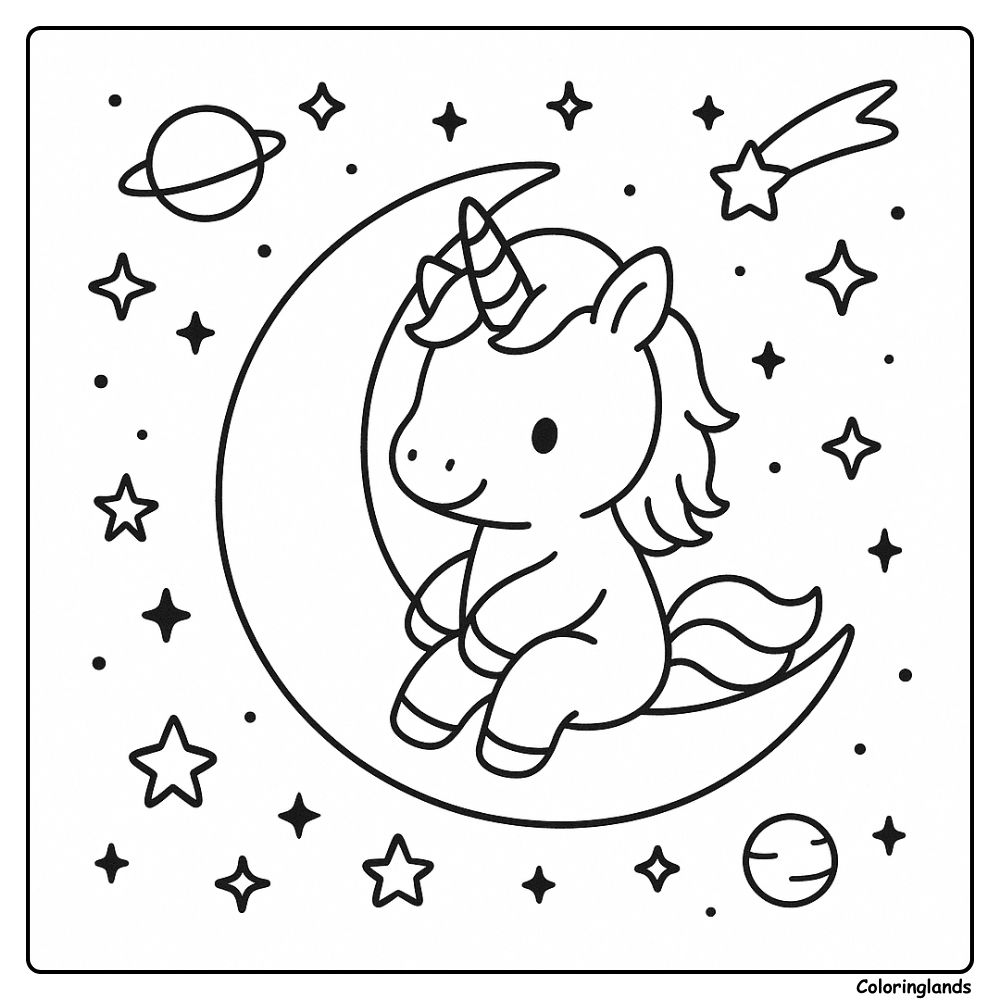 Petite licorne perchée sur une lune avec des étoiles et des planètes