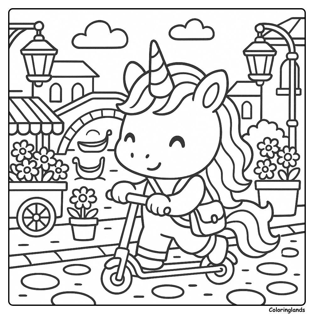Licorne sur trottinette dans les rues bordées de canaux avec des pots de fleurs