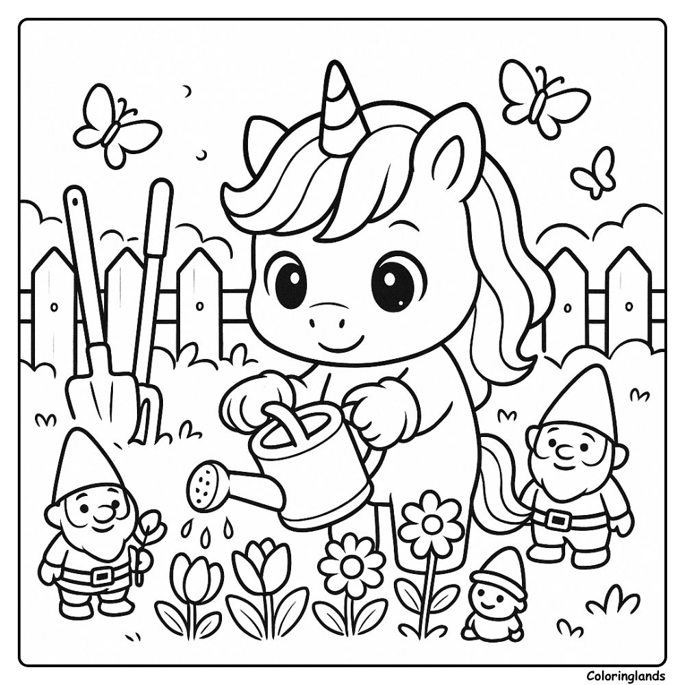 Image à imprimer de scène de jardinage avec une licorne à colorier