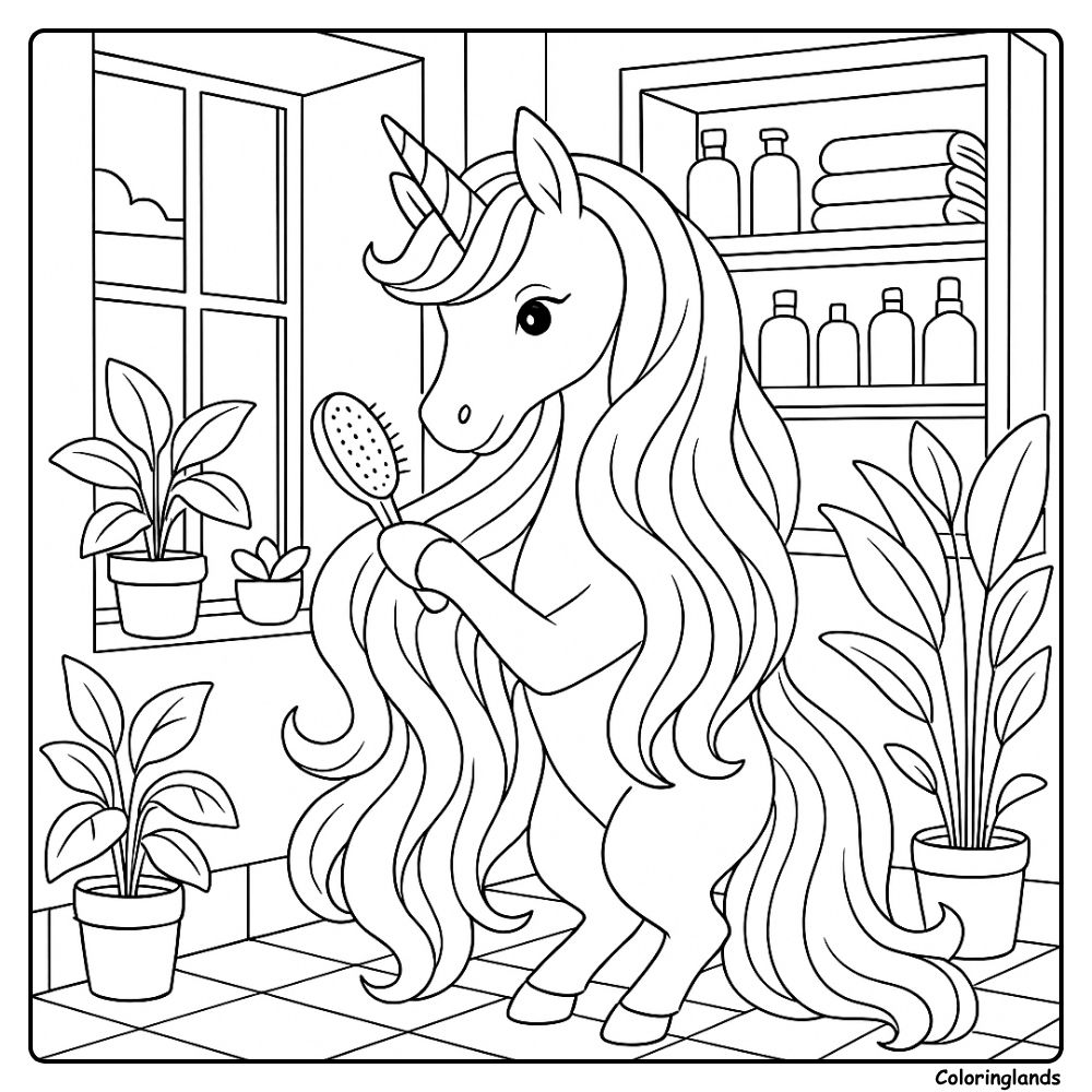 Feuille de coloriage gratuite de licorne prenant soin de sa crinière