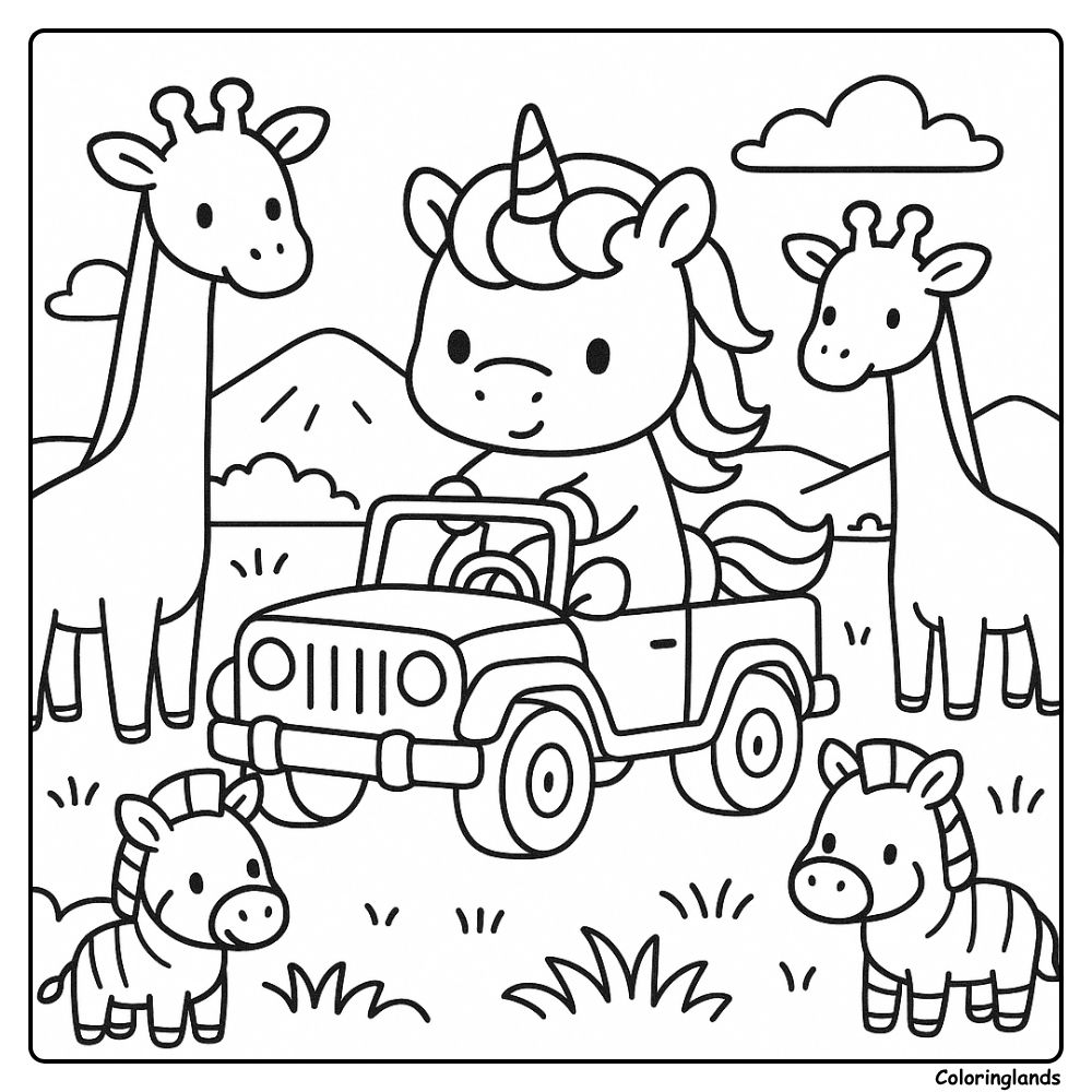 Image à imprimer de coloriage d'une licorne en jeep safari avec des animaux