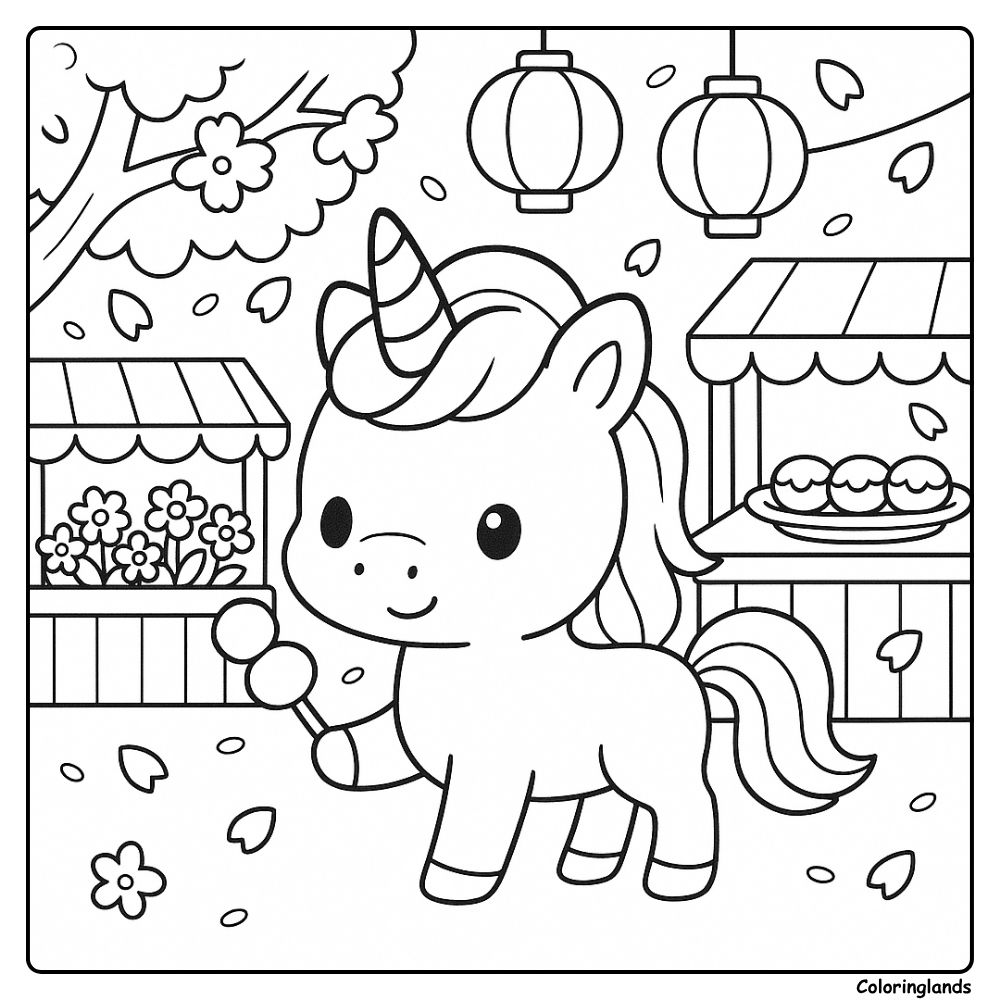 Image de coloriage d'une fête de licorne mignonne avec des lanternes