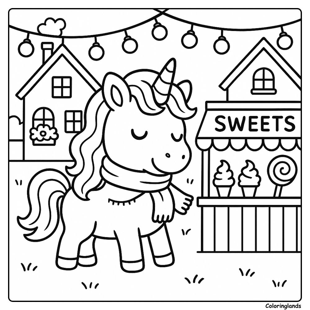 Licorne près d'un stand de bonbons avec sucette et glace à l'italienne