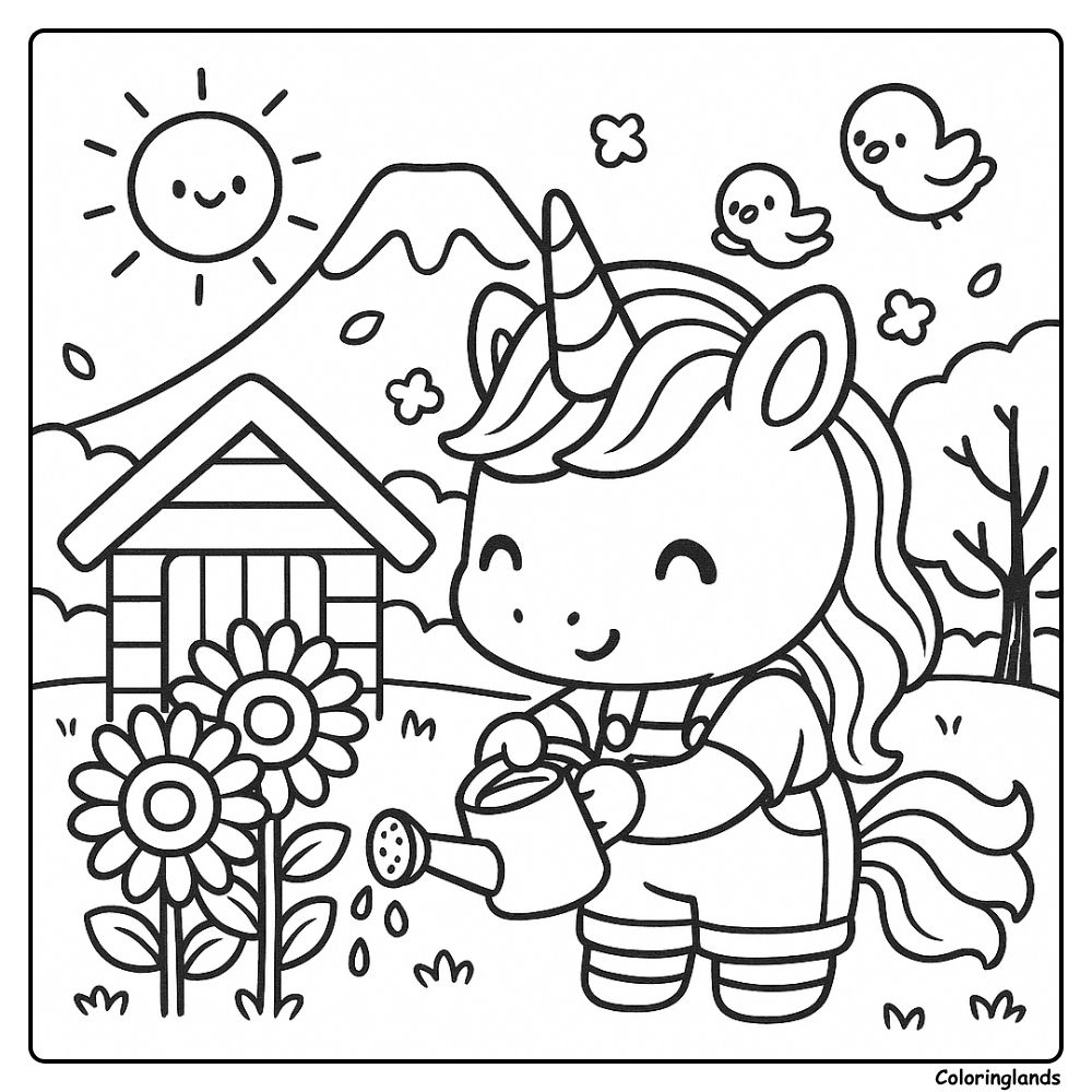 Une licorne souriante s'occupe de grands tournesols près d'un cottage