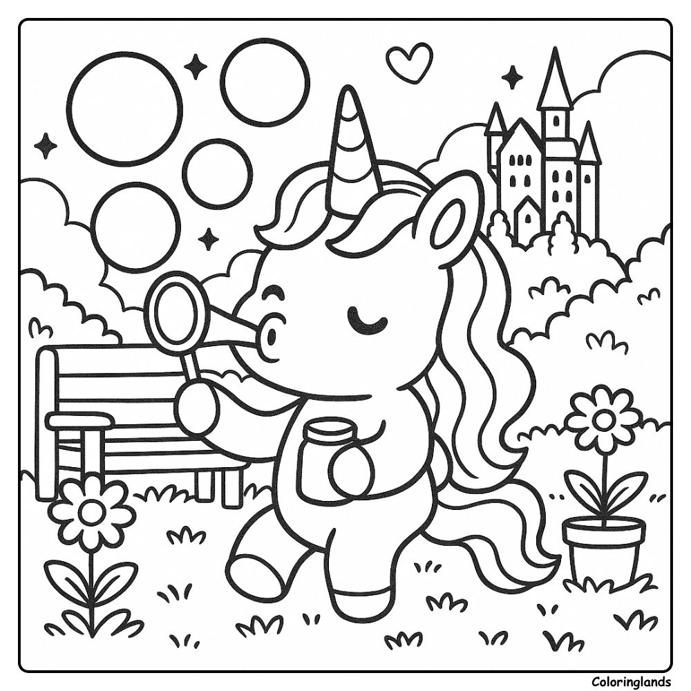 Une licorne espiègle souffle des bulles près d'un banc et de fleurs