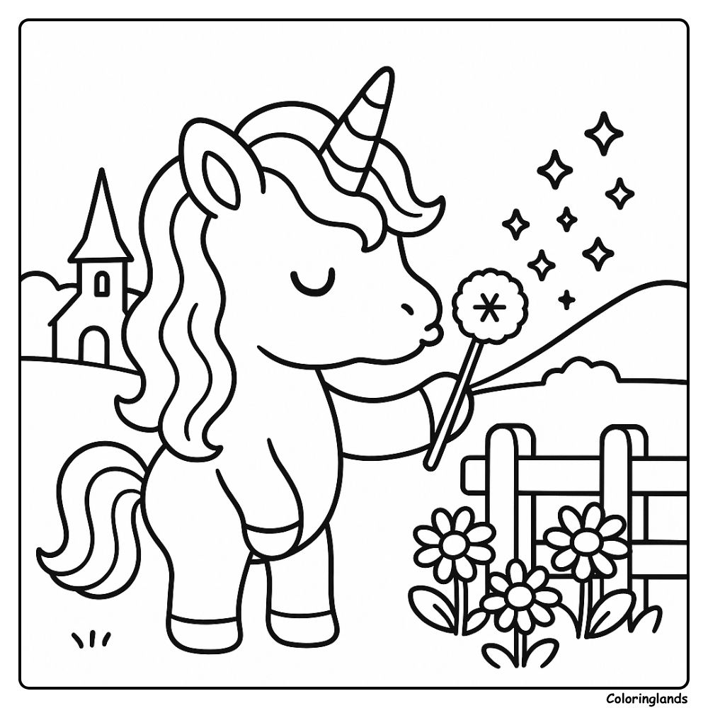 La licorne souffle des graines et des étoiles douces scintillent sur les champs