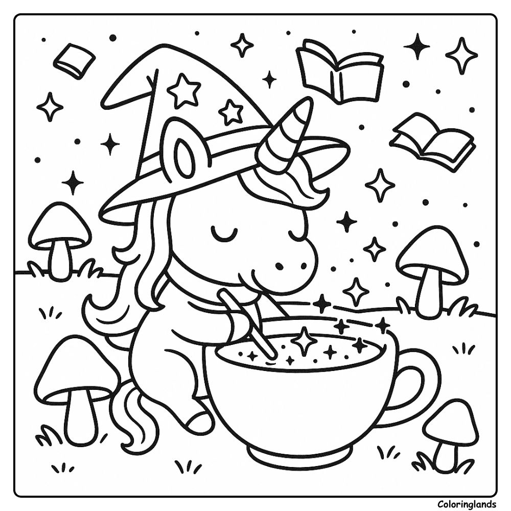 La licorne mélange une potion étoilée avec des livres flottant dans les airs