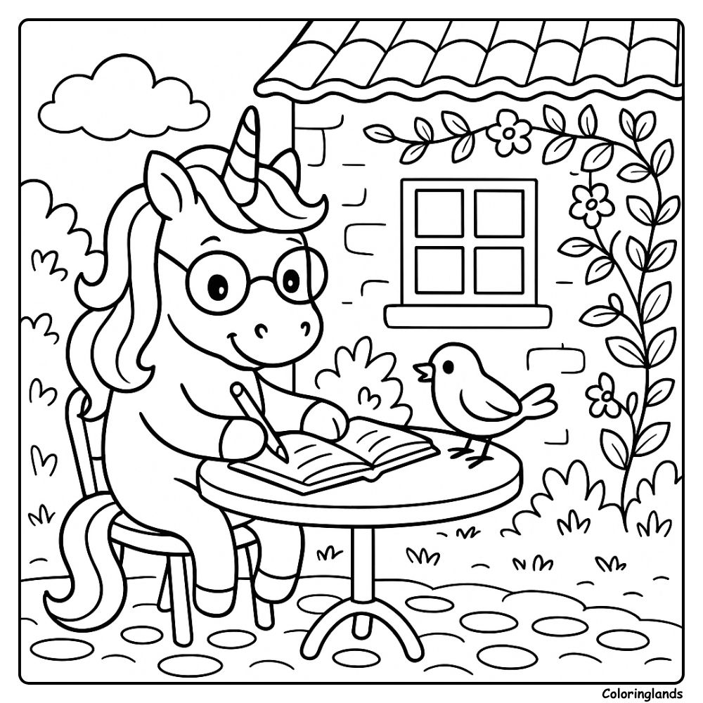 Licorne à lunettes écrit pendant qu'un oiseau amical bavarde