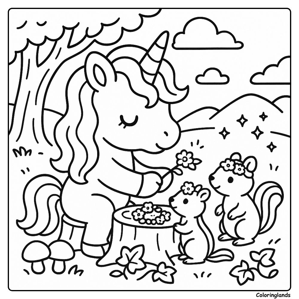 La licorne fabrique des couronnes de marguerites pour deux amis tamias