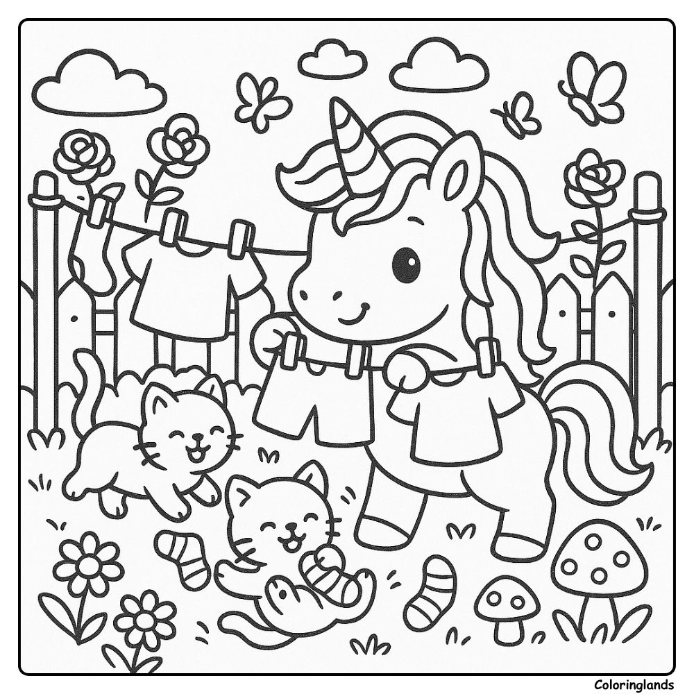 Une licorne étend le linge pendant que deux chatons jouent dans le jardin