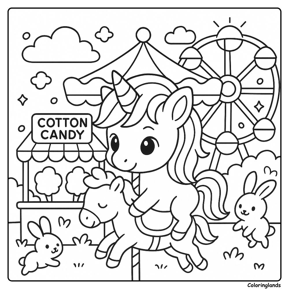 Feuille de coloriage imprimable de licorne sur manège de fête foraine