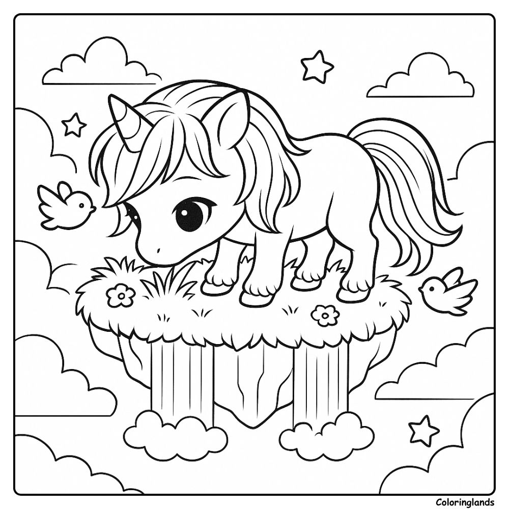 Jolie licorne sur une île flottante à colorier