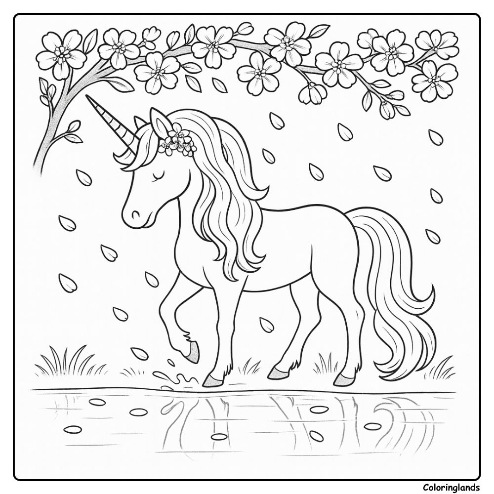 Unicorne s'avance près d'un étang réfléchissant sous une pluie de pétales