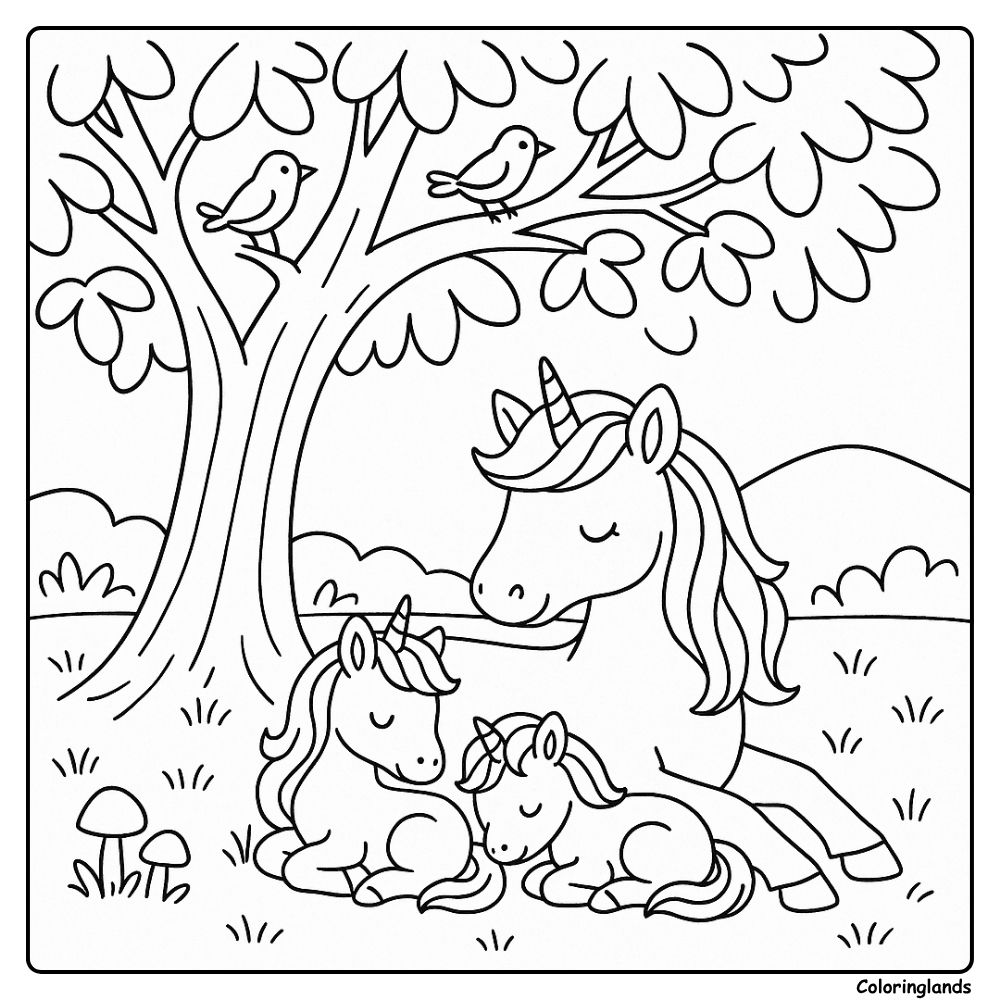 Licornes paisibles faisant la sieste avec des oiseaux et des champignons à proximité