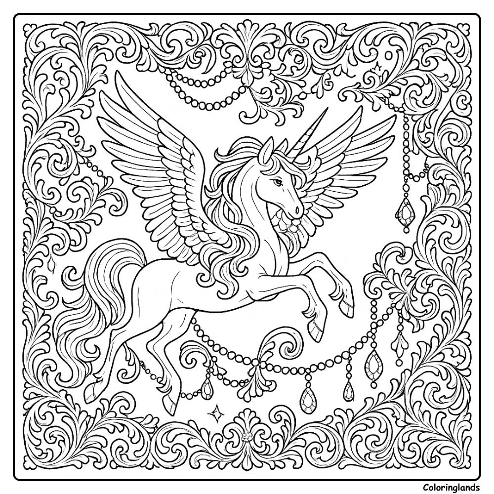 Licorne avec ailes dans un cadre orné et fantaisiste