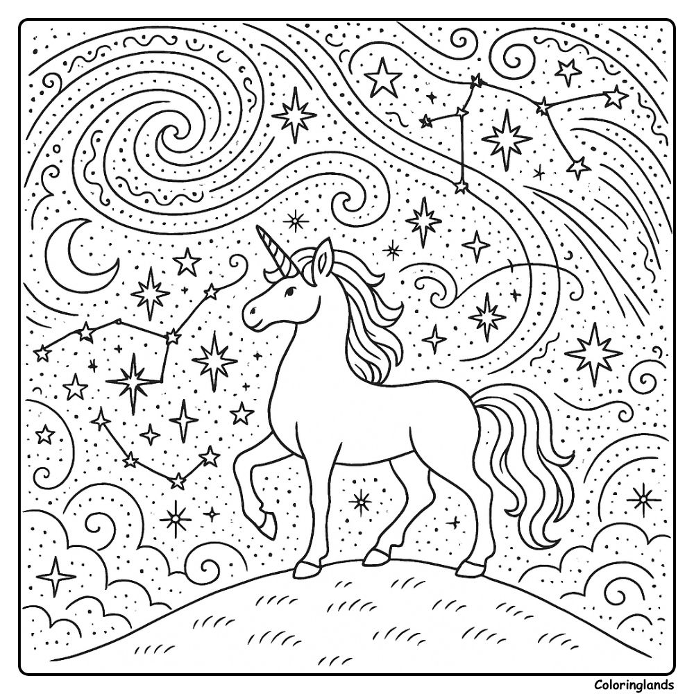 Illustration de licorne sous des étoiles tourbillonnantes et des constellations