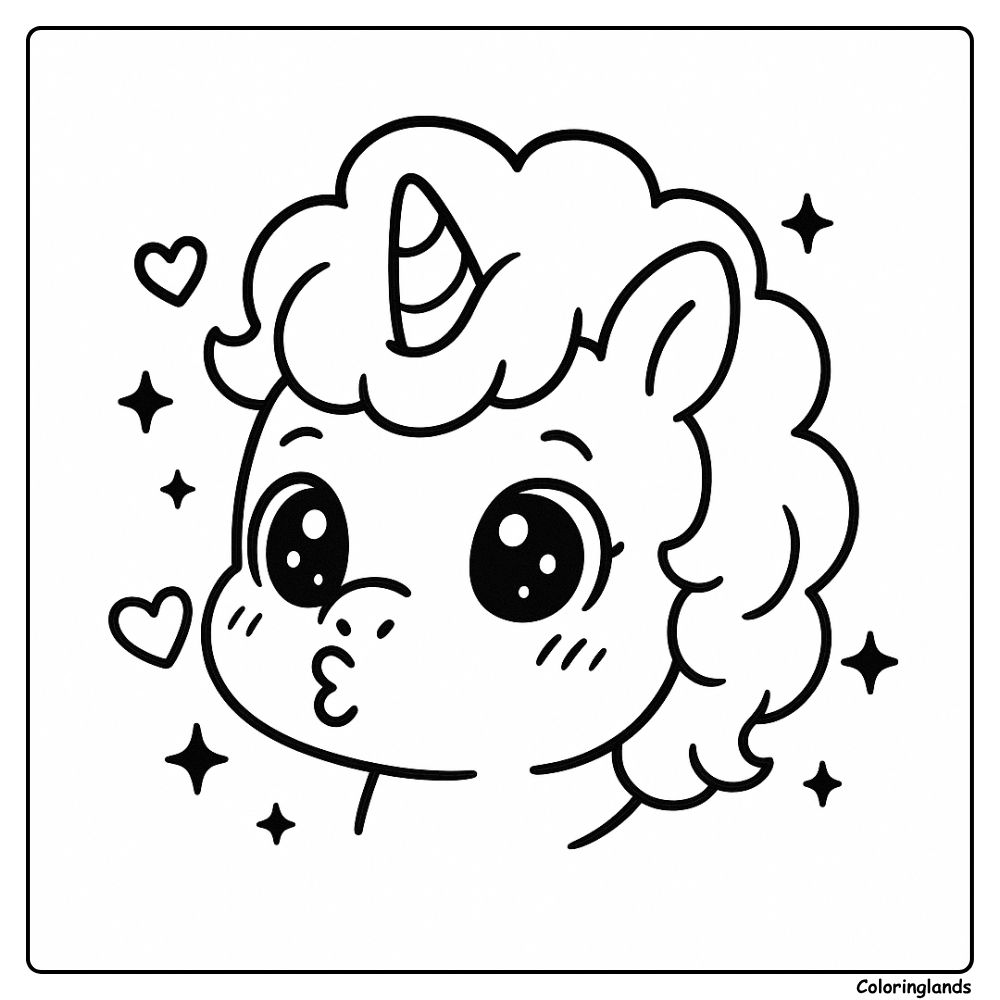 Adorable emoji licorne bisou pour coloriage simple à imprimer