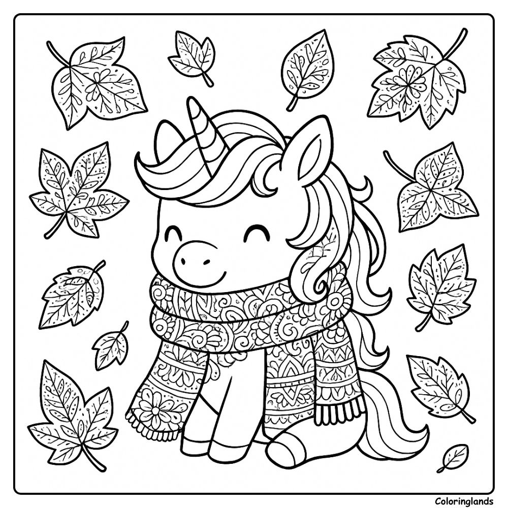 Licorne dans une écharpe douillette entourée de feuilles d'automne tourbillonnantes