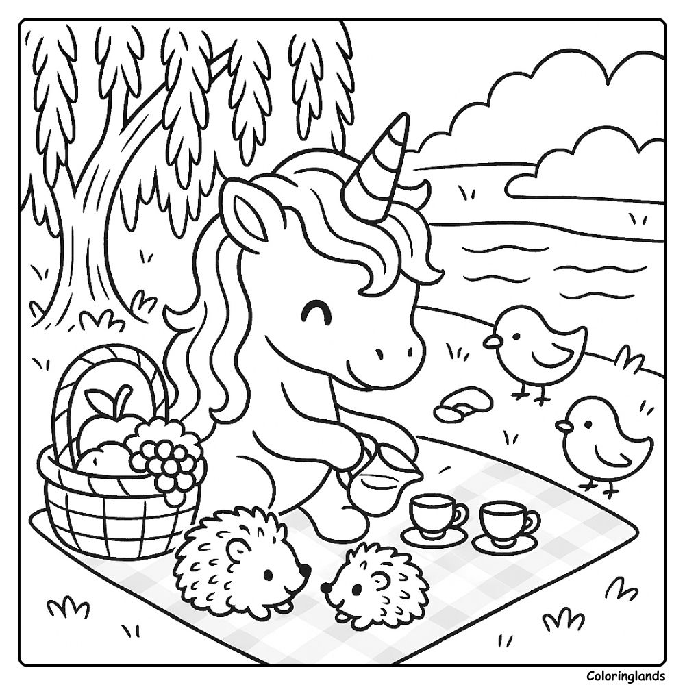 Pique-nique de licorne avec des hérissons au bord de la rivière, art imprimable