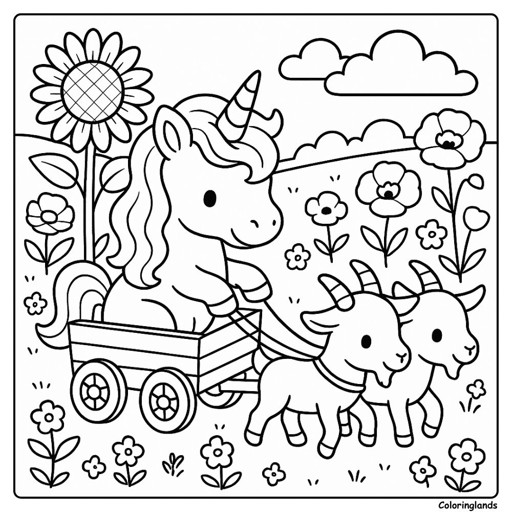 Unicorn monte dans un petit chariot tandis que deux chèvres trottent à travers les fleurs