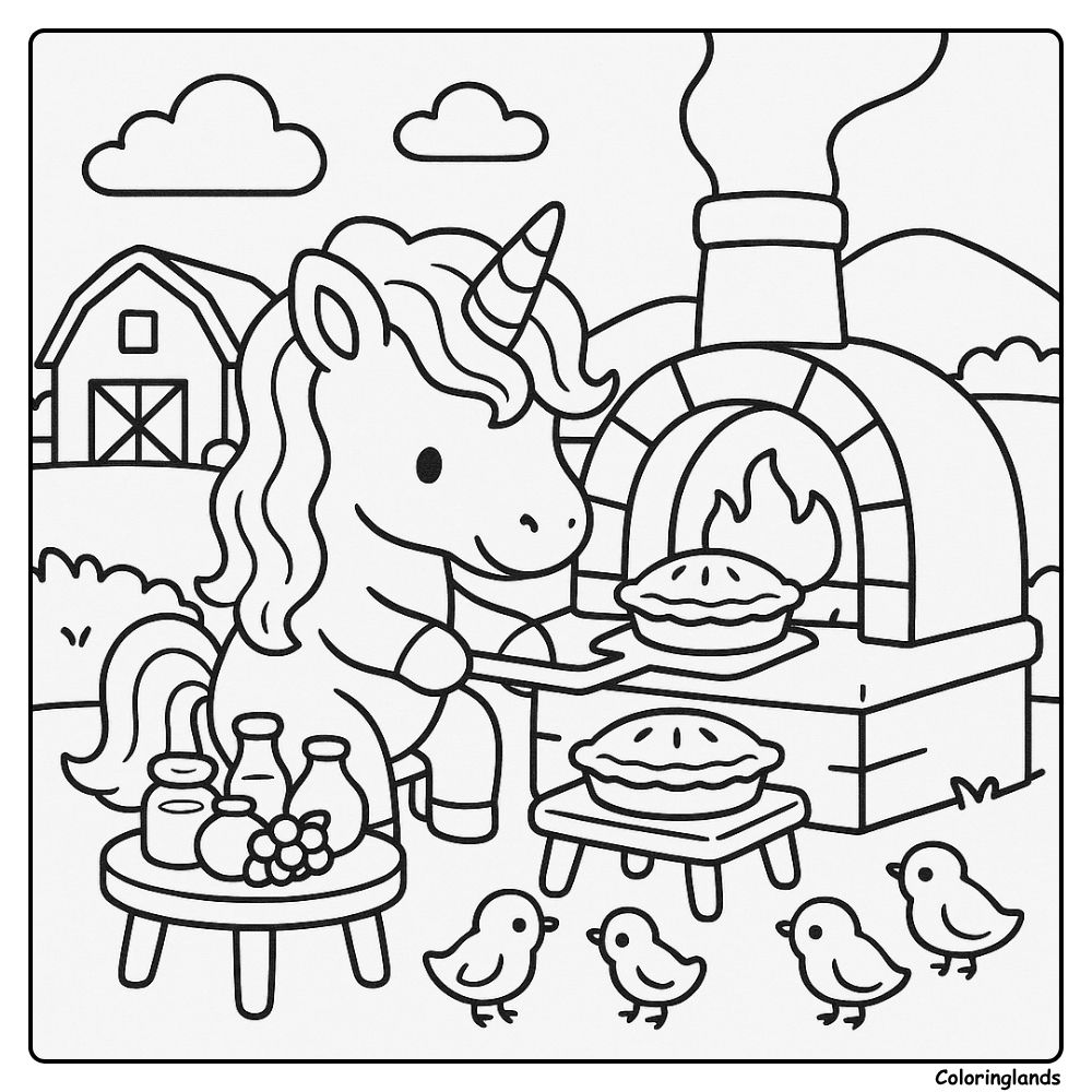 Une licorne prépare des tartes près d'un four en briques avec des poussins autour