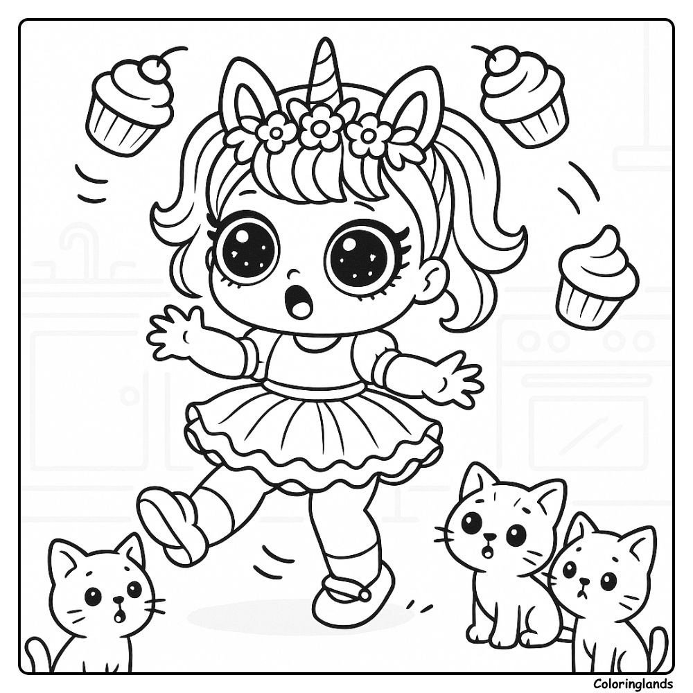 Image de coloriage Licorne LOL en cuisine avec des cupcakes