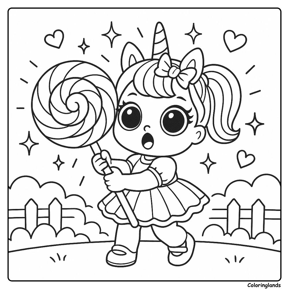 Image de coloriage Licorne LOL avec une immense sucette tourbillon