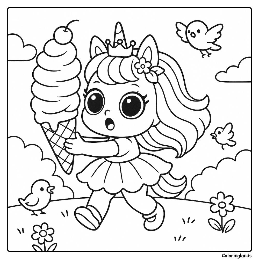 Image de coloriage Licorne LOL espiègle tenant une méga glace