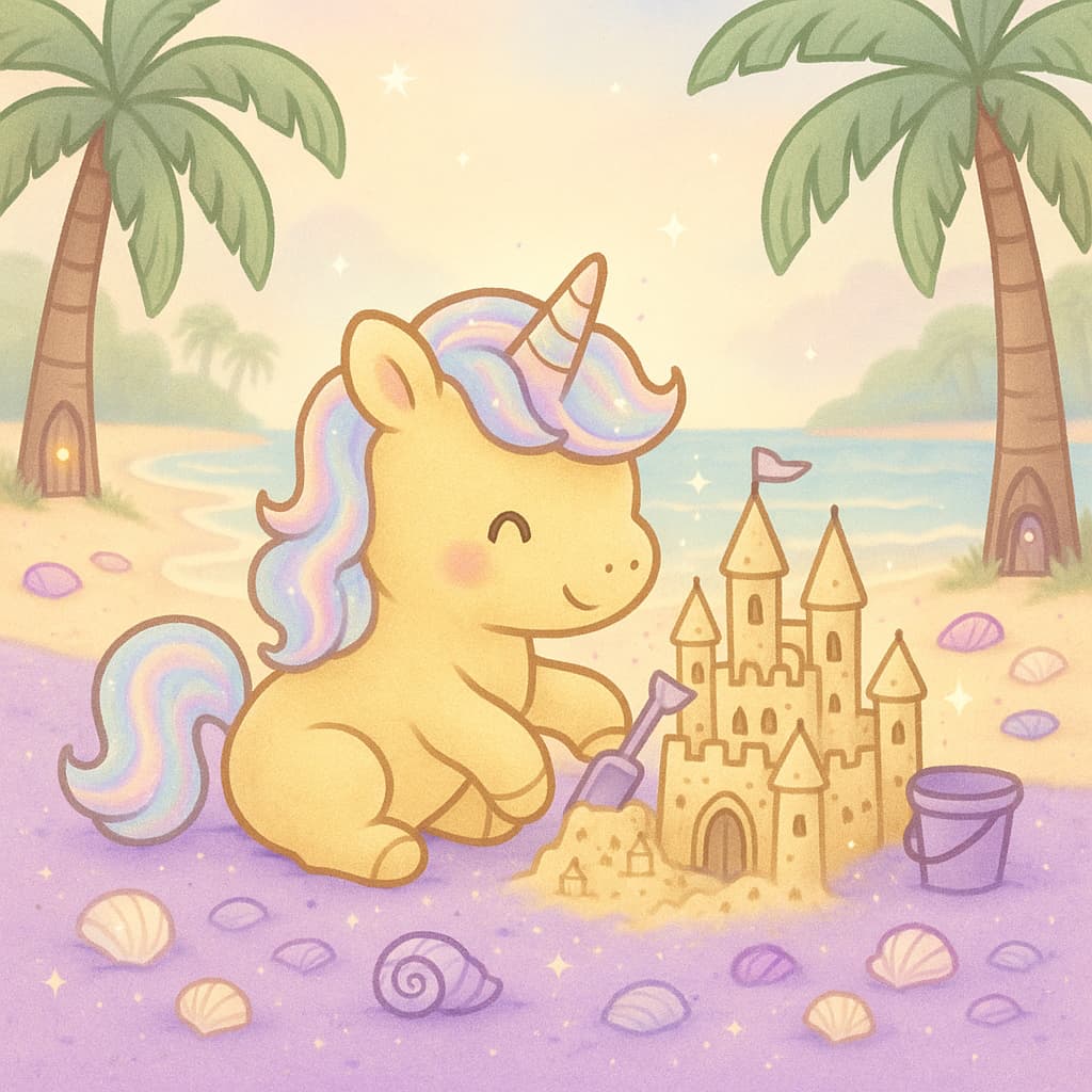 Image de coloriage de bébé licorne au bord de mer construisant un château de sable