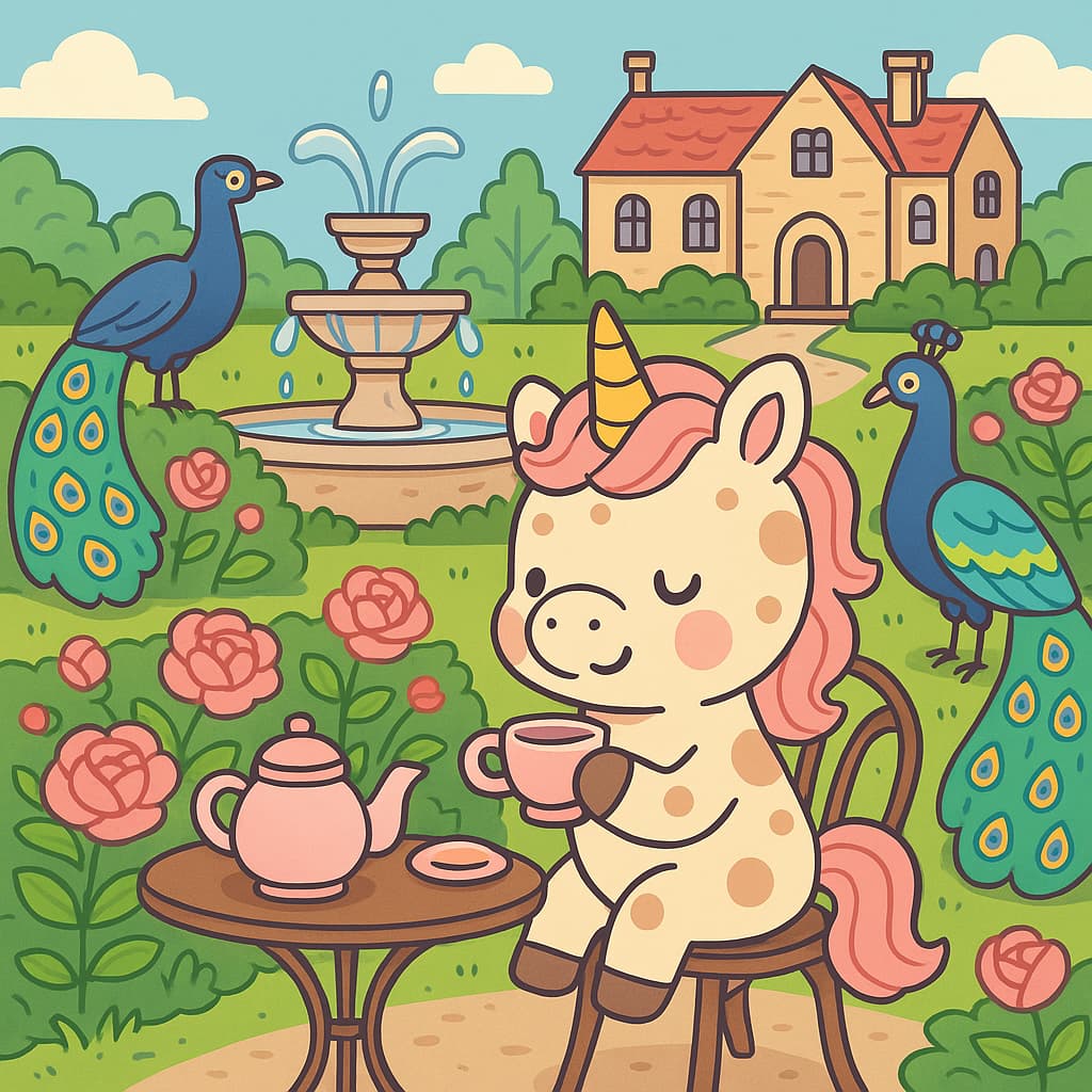 Image de coloriage de jardin avec fontaine de paons et thé