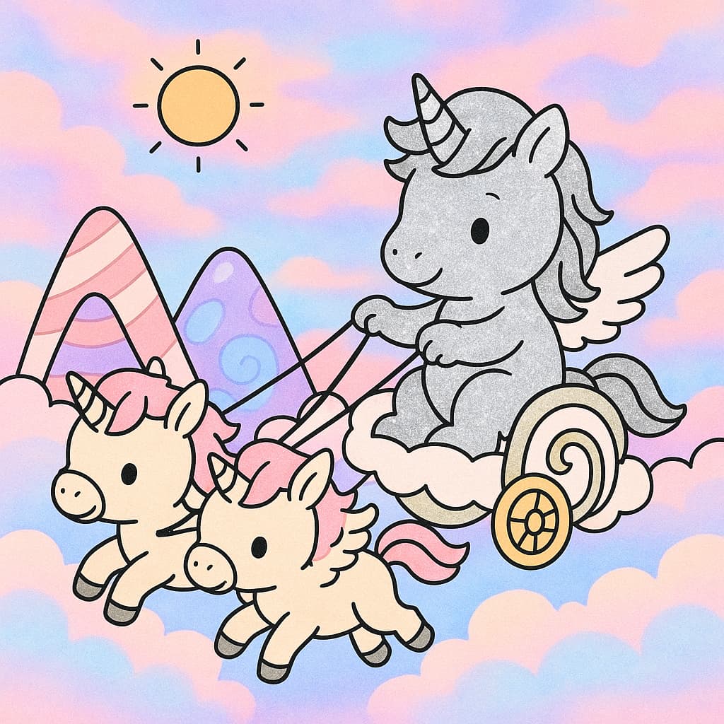 Image de coloriage de bébé licorne dans un carrosse de nuages