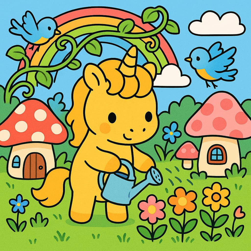 Image de coloriage de jardin féerique avec oiseaux arc-en-ciel et fleurs