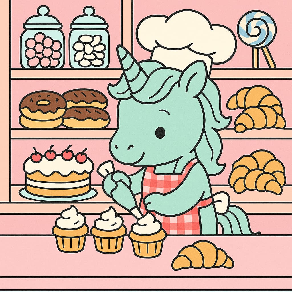 Image de coloriage mignonne de bébé licorne dans une boulangerie avec des cupcakes