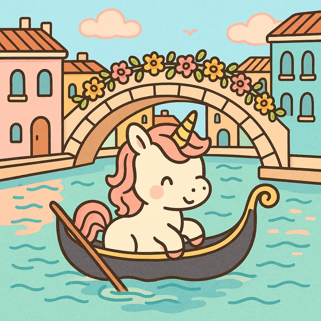 Image de coloriage d'un bébé licorne sur un canal de Venise en bateau