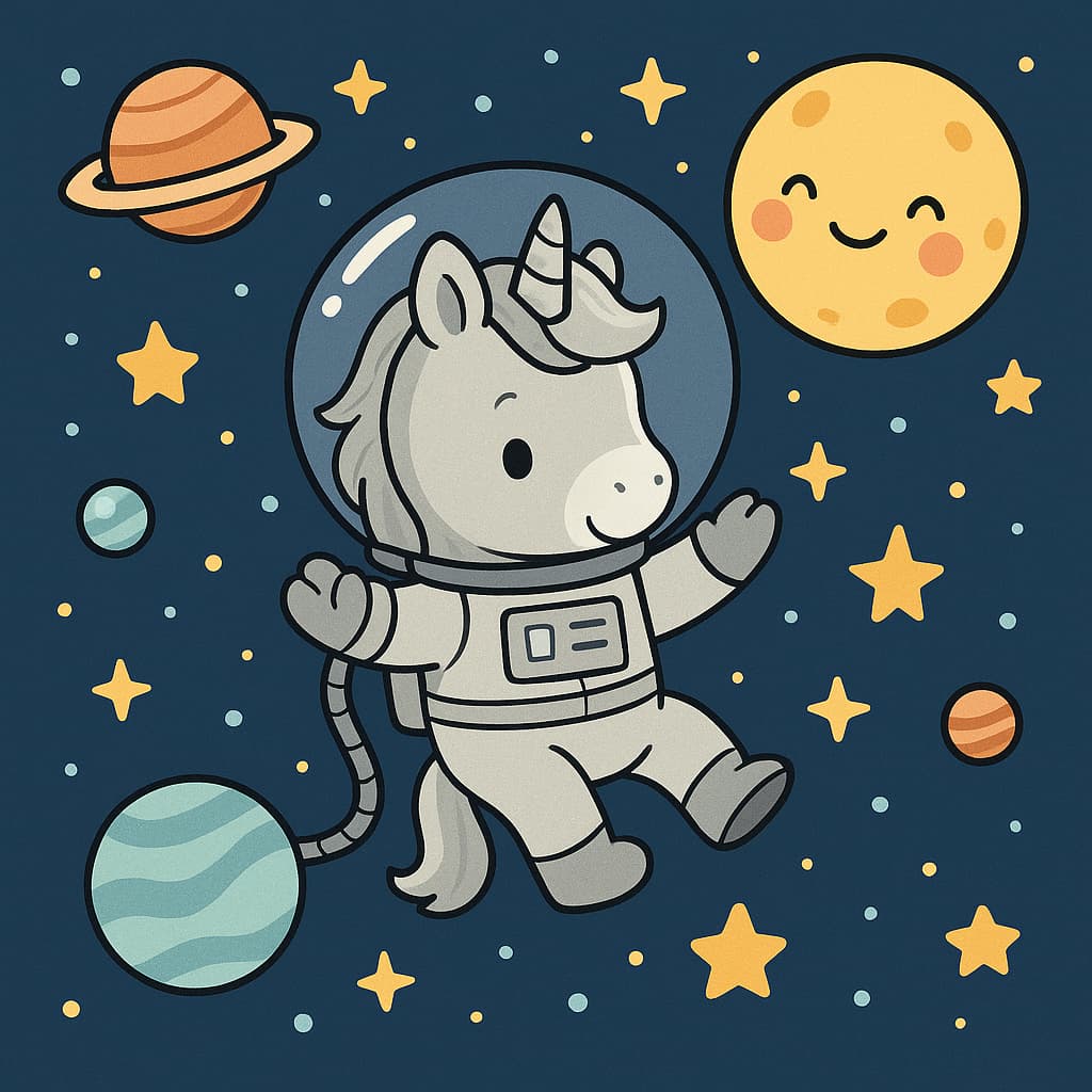 Image de coloriage d'une licorne astronaute avec des planètes et des étoiles