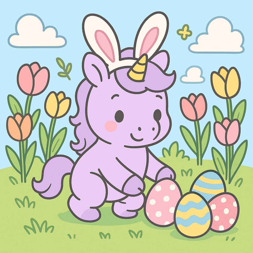 Image de coloriage de jardin de Pâques avec bébé licorne et œufs