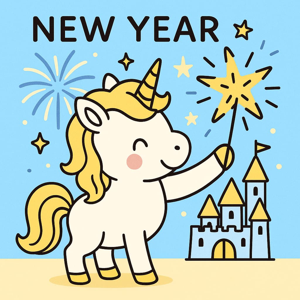 Image de coloriage de bébé licorne pour le Nouvel An avec baguette magique