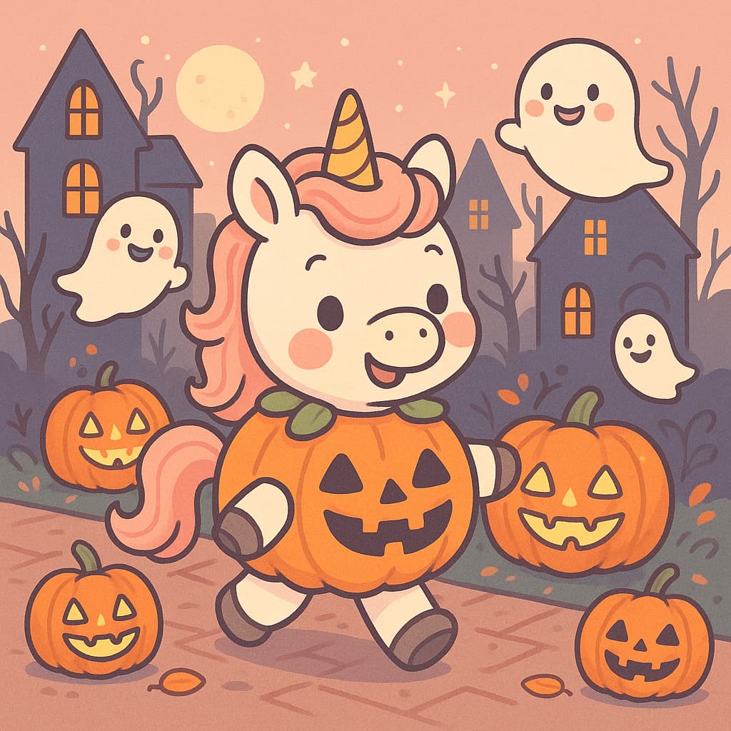 Image de coloriage de bébé licorne en costume pour la chasse aux bonbons