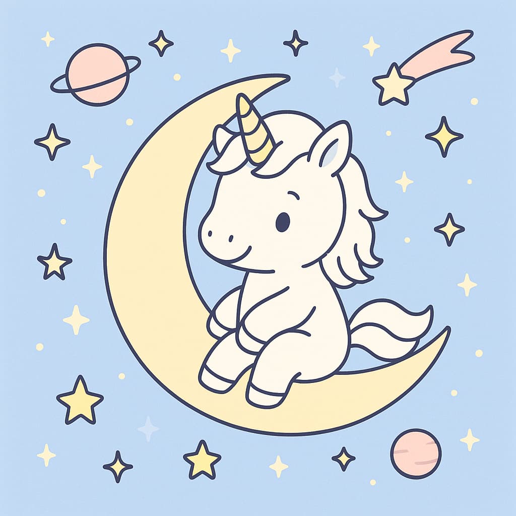 Image de coloriage d'un bébé licorne dans le ciel nocturne sur un croissant