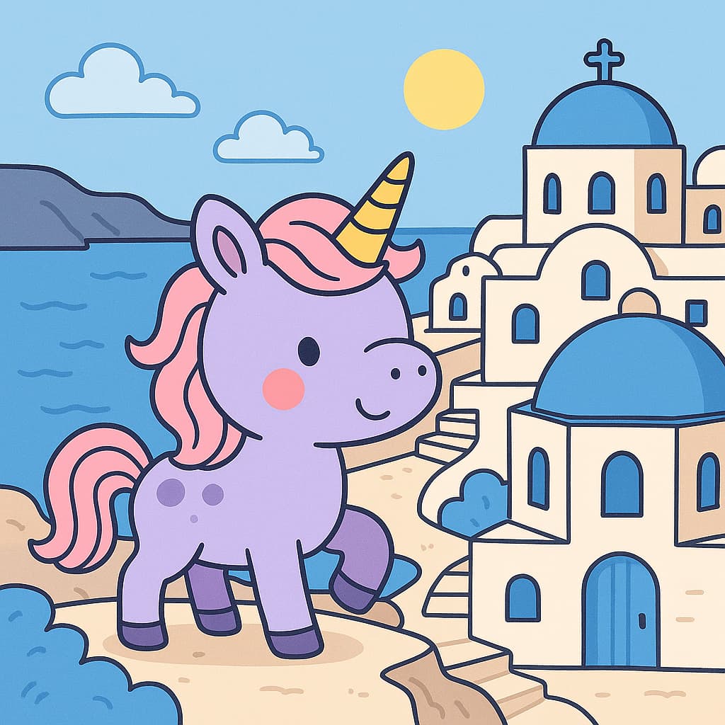 Image de coloriage d'île grecque avec dômes, mer et marches