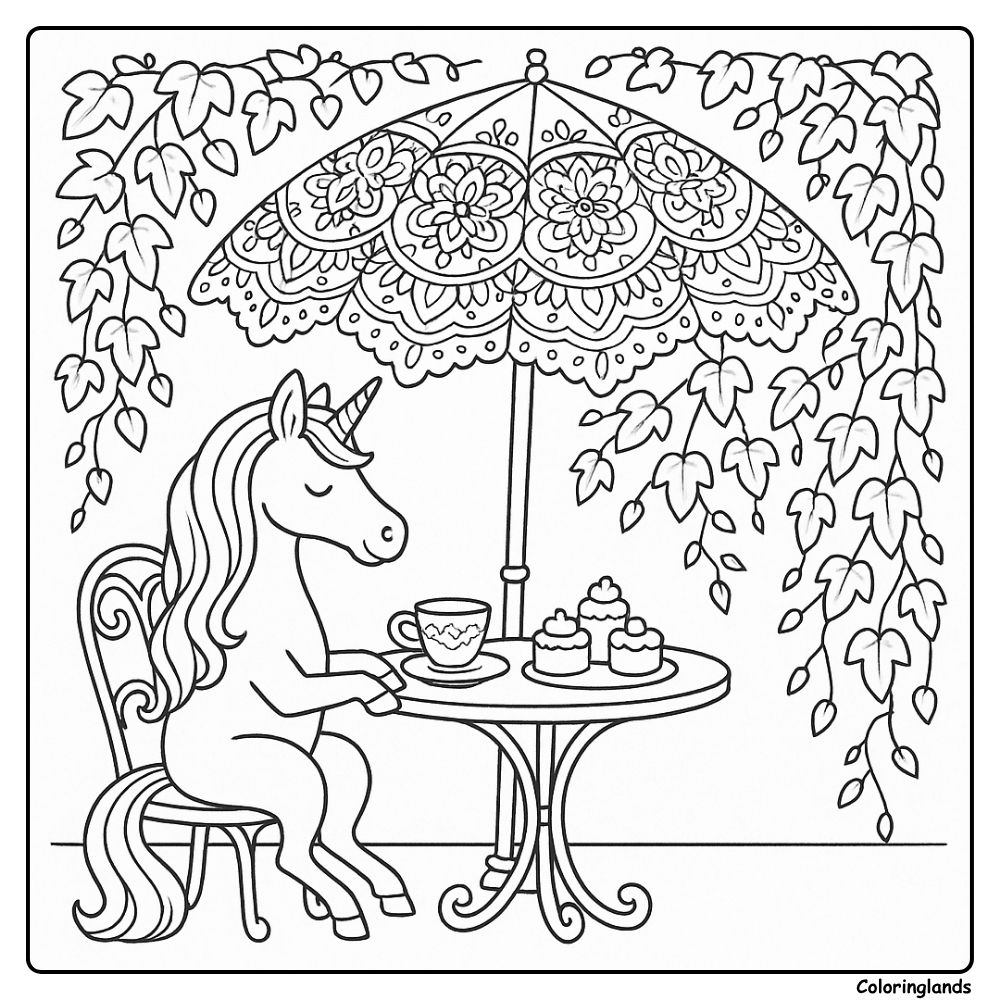 Licorne au café-jardin sous un parasol avec des cupcakes et du lierre