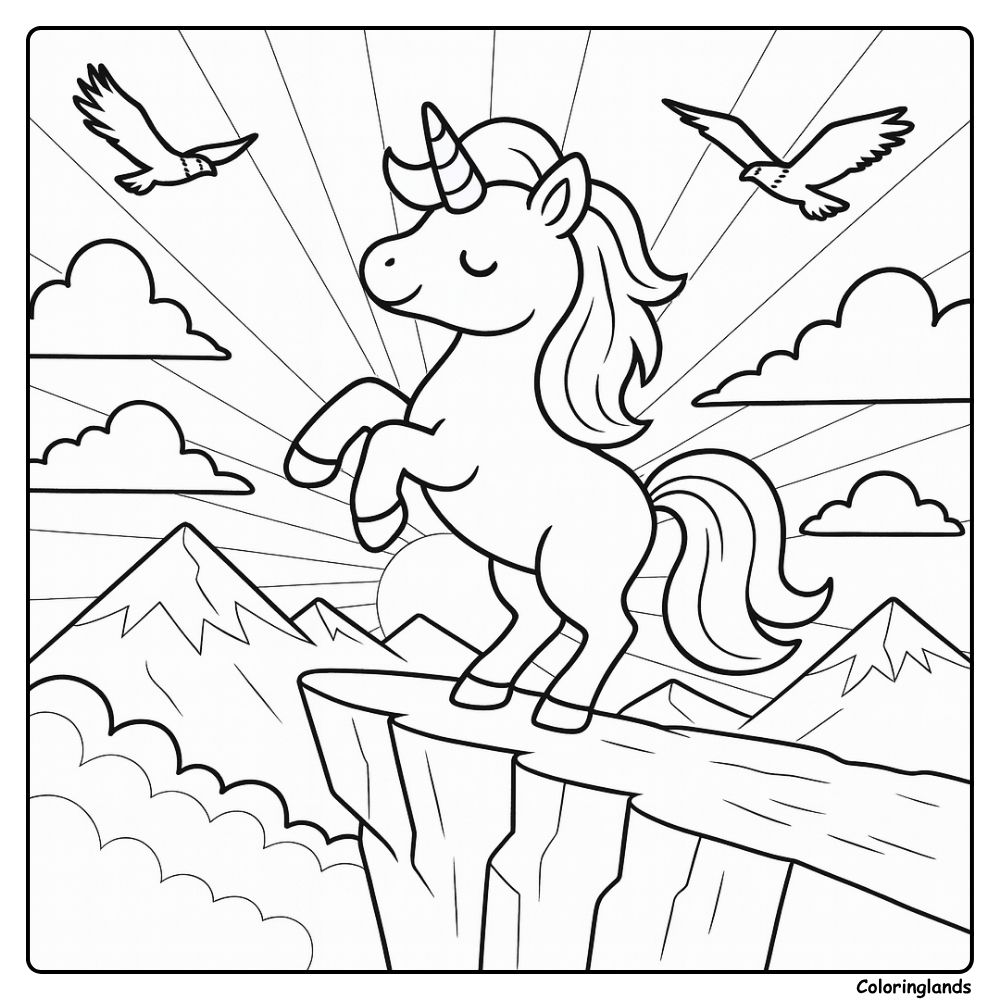Adorable licorne sur une falaise avec des oiseaux et les rayons du lever du soleil à colorier