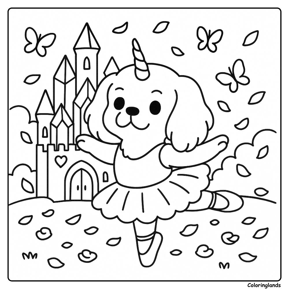 Feuille de coloriage d'un chiot ballerine près d'un château féerique