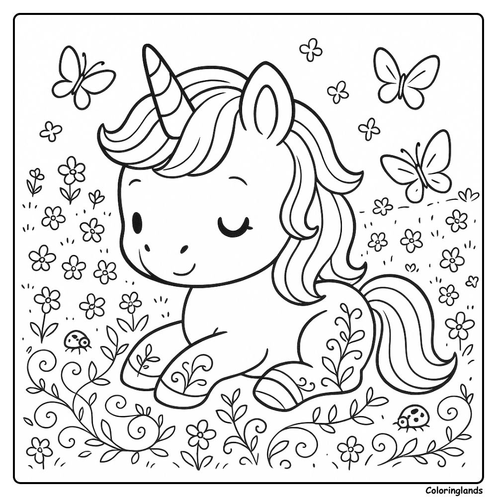 Bébé licorne reposant dans un champ fleuri avec de doux papillons