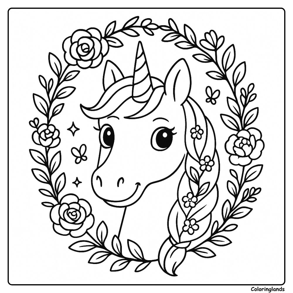 Portrait de licorne tressée dans un cadre floral, feuille imprimable