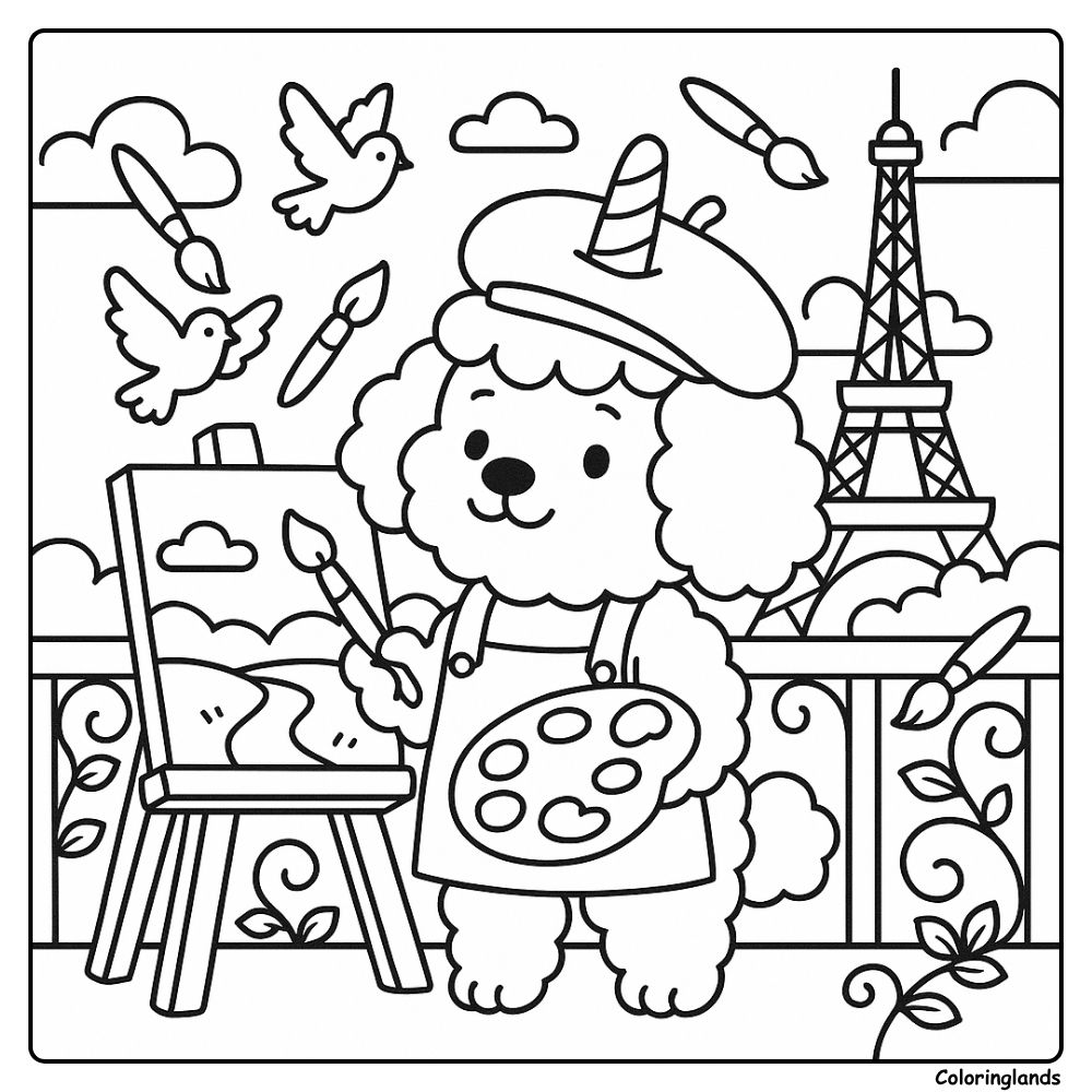 Feuille de coloriage : Caniche artiste près de la Tour Eiffel
