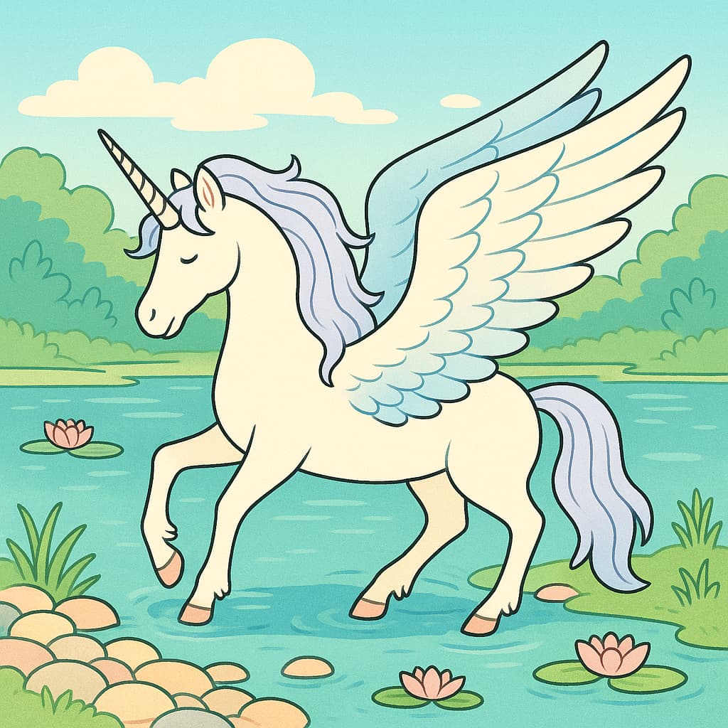 Idée de coloriage de licorne ailée près d'un étang tranquille.