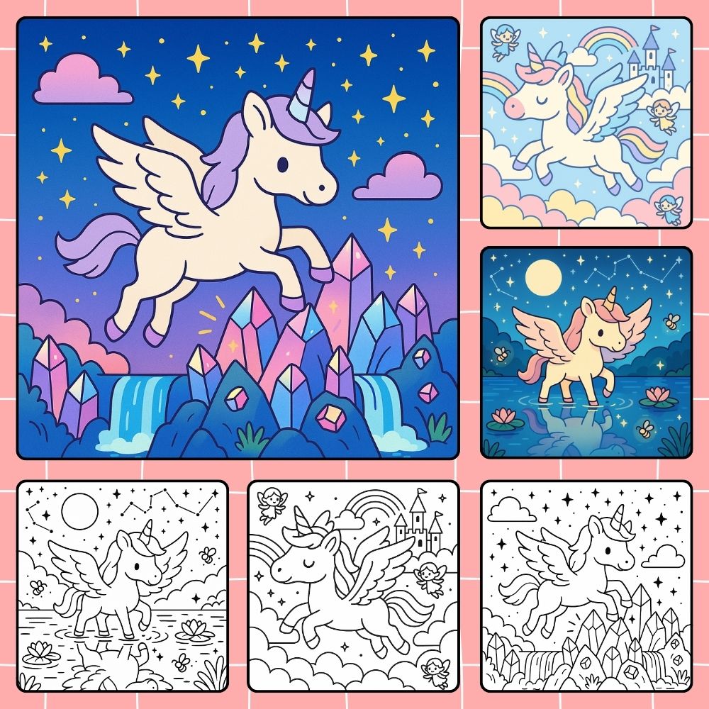 Plongez dans l'univers des licornes ailées avec ces coloriages enchanteurs.
