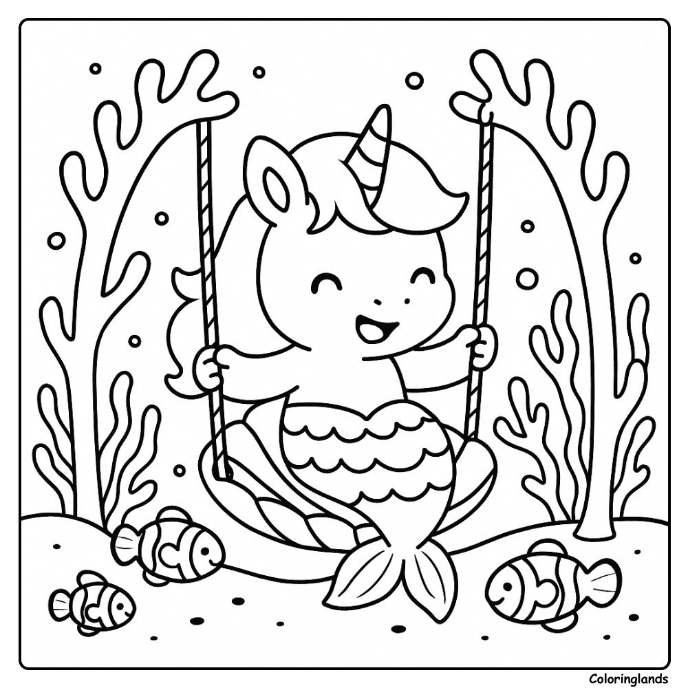 Image à imprimer de licorne sirène jouant avec des poissons